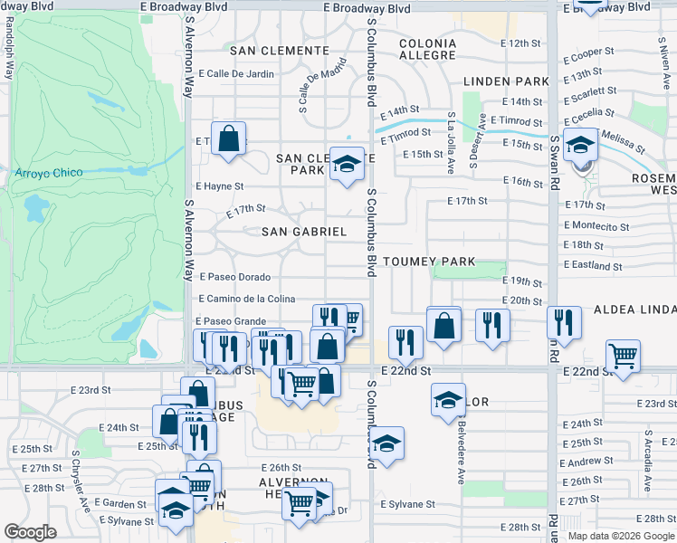 map of restaurants, bars, coffee shops, grocery stores, and more near 4218 East Santa Barbara Avenue in Tucson