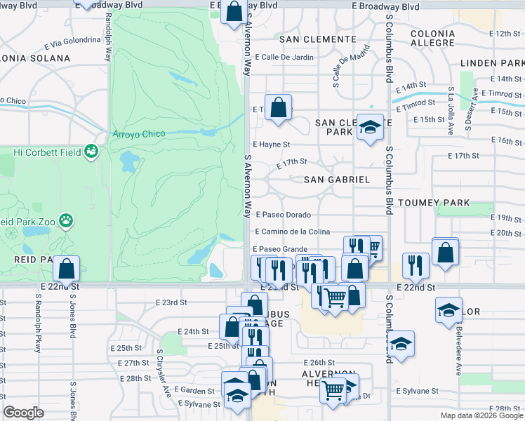 map of restaurants, bars, coffee shops, grocery stores, and more near 3925 East Paseo Dorado in Tucson
