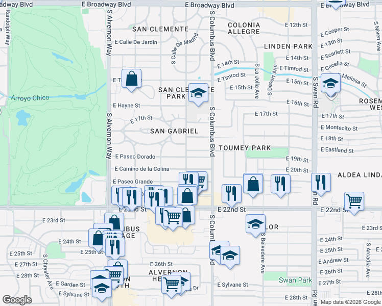 map of restaurants, bars, coffee shops, grocery stores, and more near 4218 East Santa Barbara Avenue in Tucson