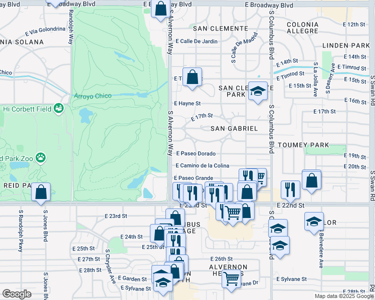 map of restaurants, bars, coffee shops, grocery stores, and more near 3931 East Paseo Dorado in Tucson