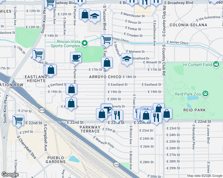 map of restaurants, bars, coffee shops, grocery stores, and more near 2539 East 19th Street in Tucson
