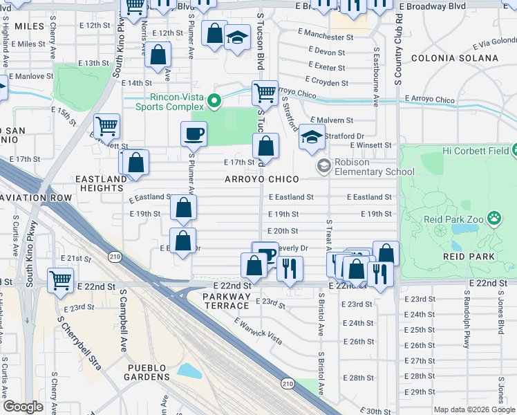 map of restaurants, bars, coffee shops, grocery stores, and more near 2431 East 19th Street in Tucson