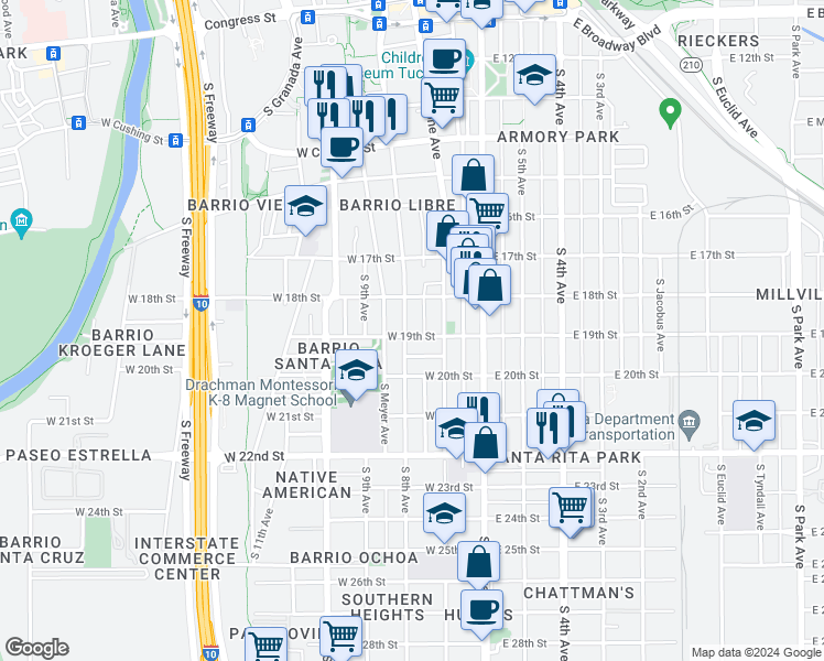 map of restaurants, bars, coffee shops, grocery stores, and more near 841 South 8th Avenue in Tucson