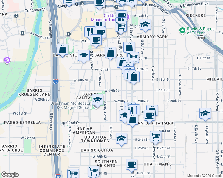 map of restaurants, bars, coffee shops, grocery stores, and more near 841 South 8th Avenue in Tucson