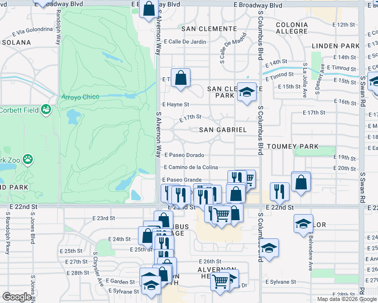 map of restaurants, bars, coffee shops, grocery stores, and more near 4009 East Paseo Dorado in Tucson