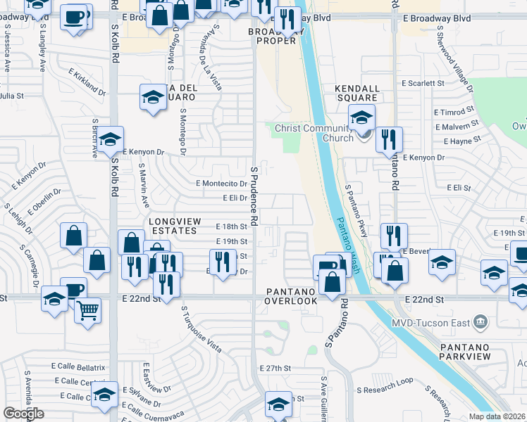 map of restaurants, bars, coffee shops, grocery stores, and more near 28 South Prudence Road in Tucson