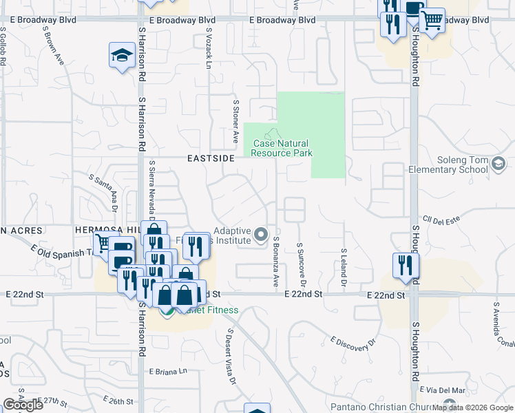 map of restaurants, bars, coffee shops, grocery stores, and more near 9853 East Murchison Place in Tucson