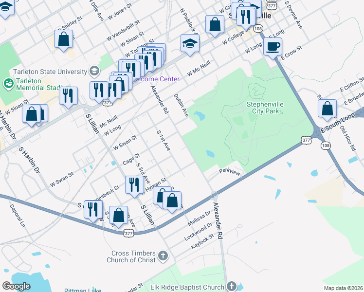 map of restaurants, bars, coffee shops, grocery stores, and more near 690 Alexander Road in Stephenville