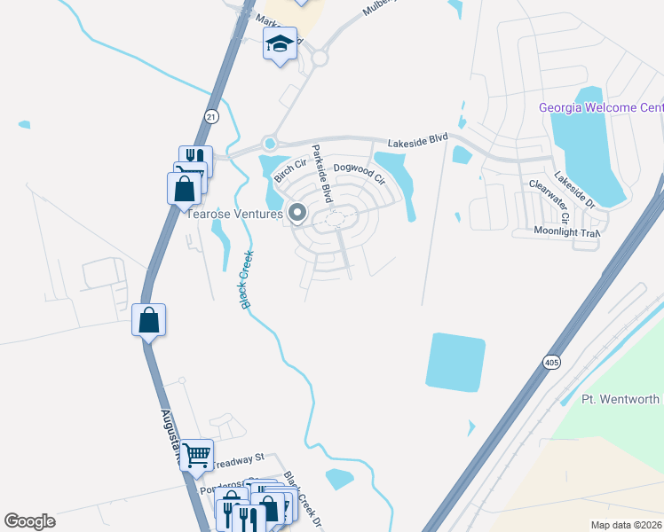 map of restaurants, bars, coffee shops, grocery stores, and more near 11 Dogwood Circle in Savannah