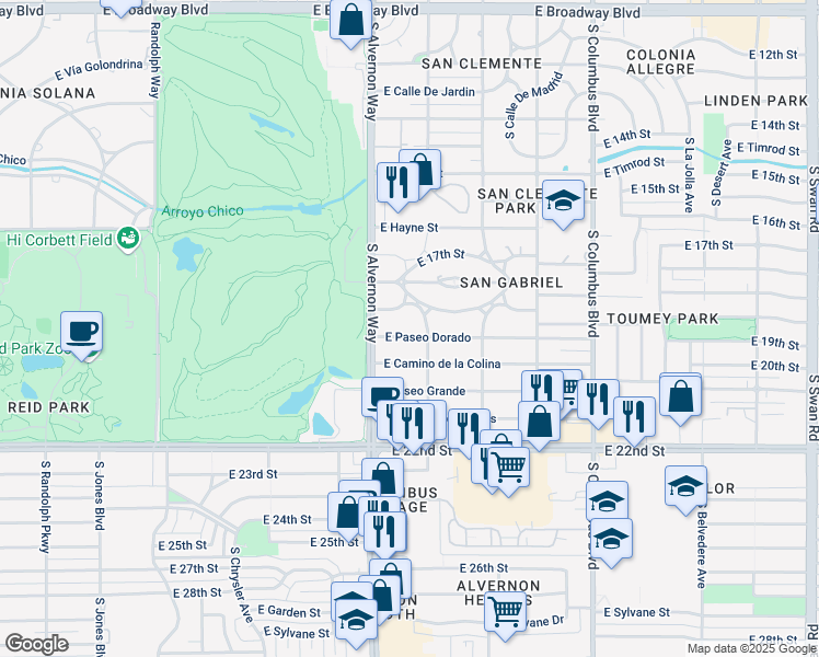 map of restaurants, bars, coffee shops, grocery stores, and more near 3931 East Paseo Dorado in Tucson