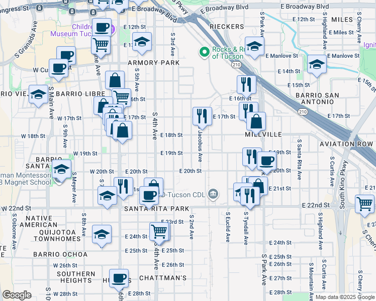 map of restaurants, bars, coffee shops, grocery stores, and more near 846 South 2nd Avenue in Tucson