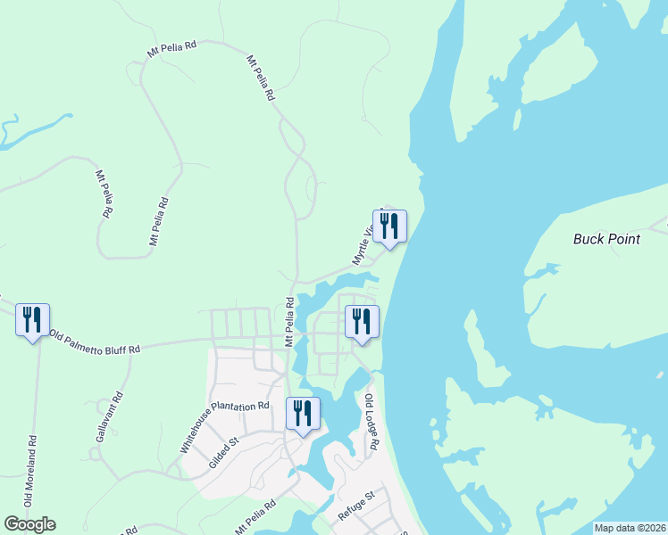map of restaurants, bars, coffee shops, grocery stores, and more near 17 Myrtle View Street in Bluffton