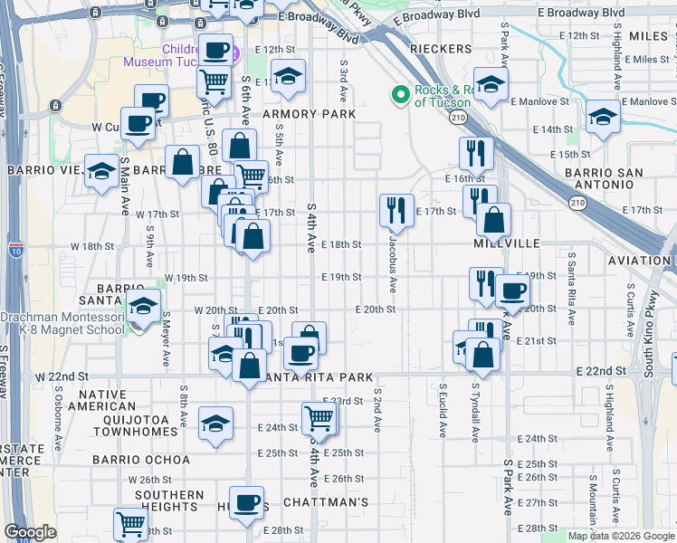 map of restaurants, bars, coffee shops, grocery stores, and more near 830 South 3rd Avenue in Tucson
