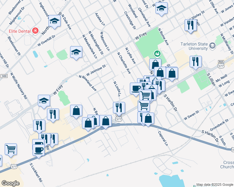 map of restaurants, bars, coffee shops, grocery stores, and more near 106 North Linda Lane in Stephenville