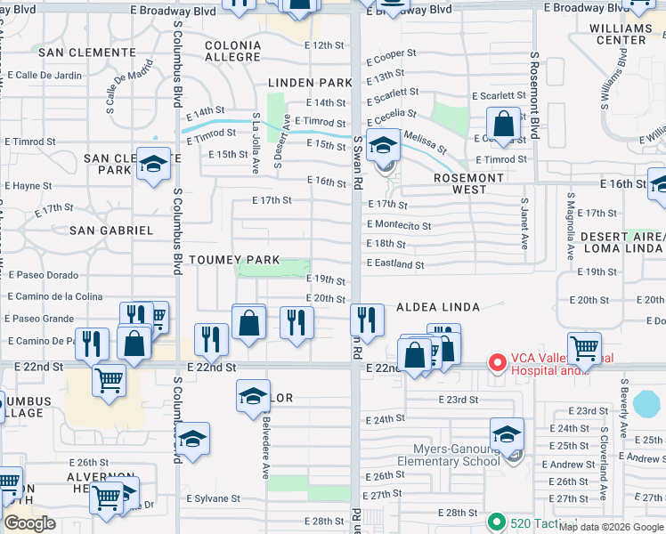map of restaurants, bars, coffee shops, grocery stores, and more near 4626 East Eastland Street in Tucson