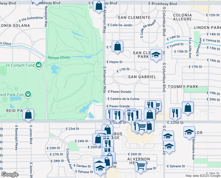 map of restaurants, bars, coffee shops, grocery stores, and more near 3931 East Paseo Dorado in Tucson