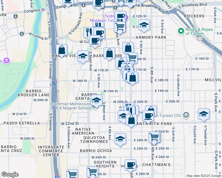 map of restaurants, bars, coffee shops, grocery stores, and more near 841 South 8th Avenue in Tucson