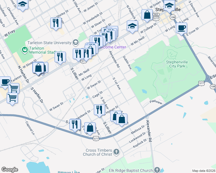 map of restaurants, bars, coffee shops, grocery stores, and more near 1211 Cage Street in Stephenville