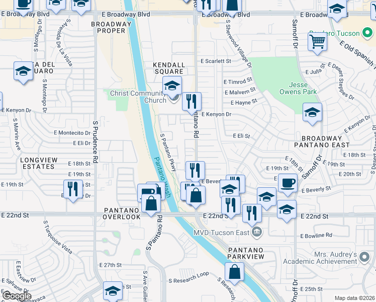 map of restaurants, bars, coffee shops, grocery stores, and more near 808 South Pantano Road in Tucson