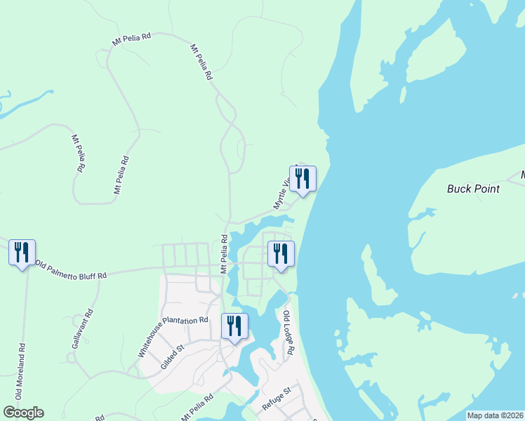 map of restaurants, bars, coffee shops, grocery stores, and more near 17 Myrtle View Street in Bluffton