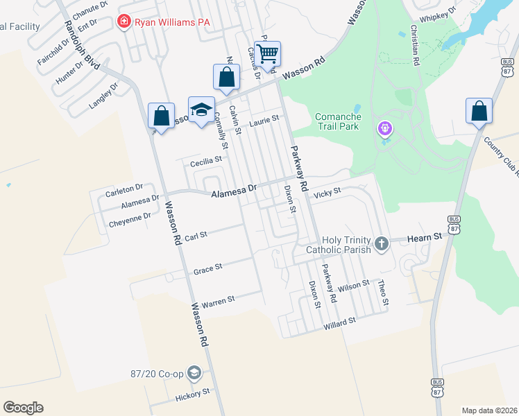 map of restaurants, bars, coffee shops, grocery stores, and more near 4004 Calvin Street in Big Spring