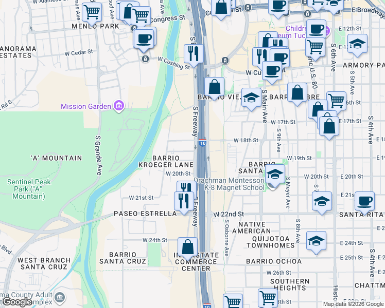map of restaurants, bars, coffee shops, grocery stores, and more near 805 West Green Street in Tucson