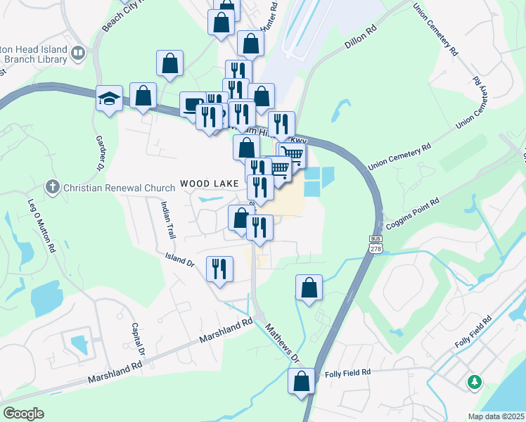 map of restaurants, bars, coffee shops, grocery stores, and more near 95 Mathews Drive in Hilton Head Island