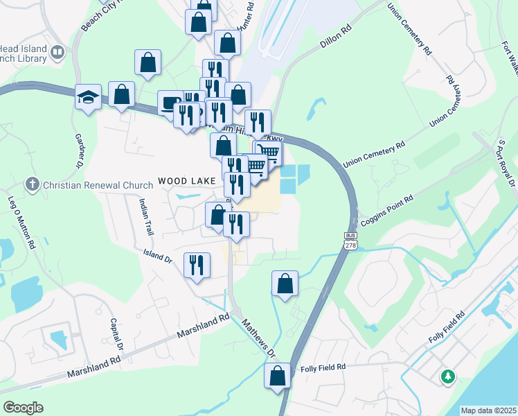 map of restaurants, bars, coffee shops, grocery stores, and more near 95 Mathews Drive in Hilton Head Island