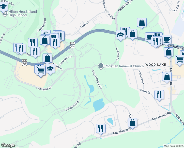 map of restaurants, bars, coffee shops, grocery stores, and more near 107 Leg O Mutton in Hilton Head Island