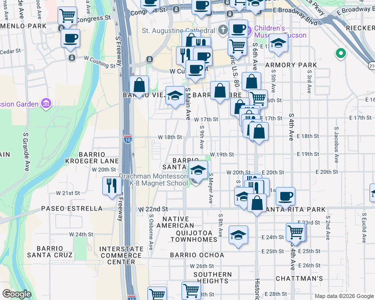 map of restaurants, bars, coffee shops, grocery stores, and more near 837 South 10th Avenue in Tucson