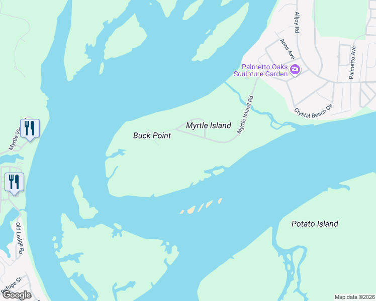 map of restaurants, bars, coffee shops, grocery stores, and more near 95 Myrtle Island Road in Bluffton