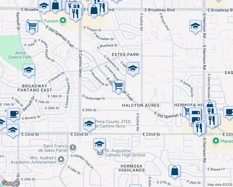 map of restaurants, bars, coffee shops, grocery stores, and more near 8936 East Old Spanish Trail in Tucson