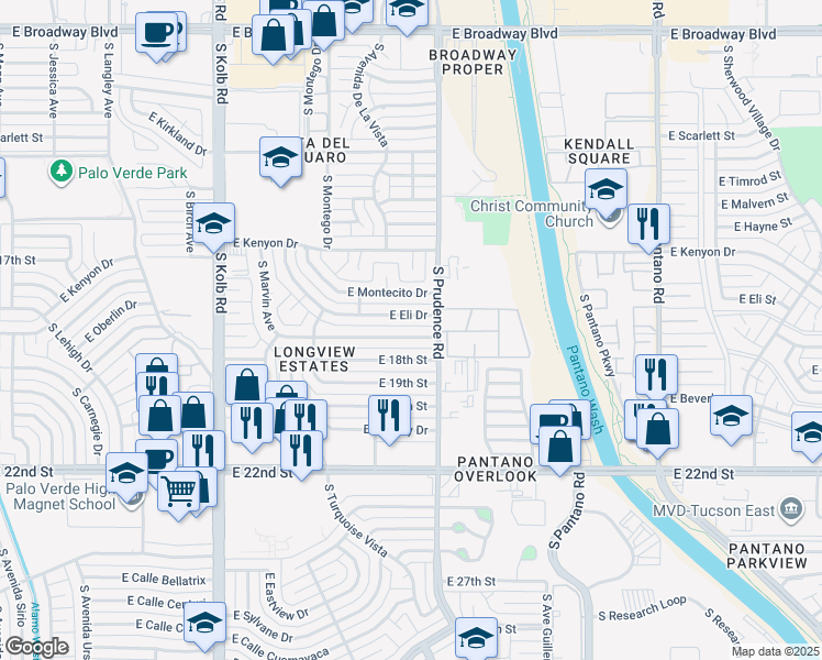 map of restaurants, bars, coffee shops, grocery stores, and more near 7433 East Princeton Drive in Tucson