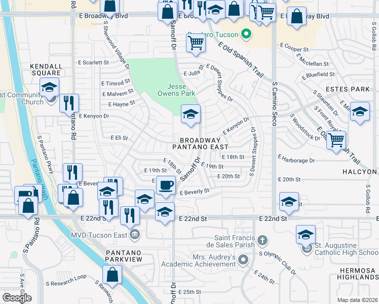 map of restaurants, bars, coffee shops, grocery stores, and more near 841 South Stuart Place in Tucson