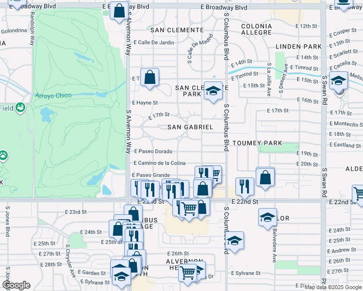 map of restaurants, bars, coffee shops, grocery stores, and more near 4067 East Paseo Dorado in Tucson