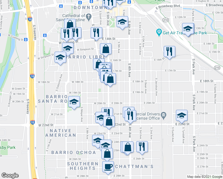 map of restaurants, bars, coffee shops, grocery stores, and more near 840 South 6th Avenue in Tucson