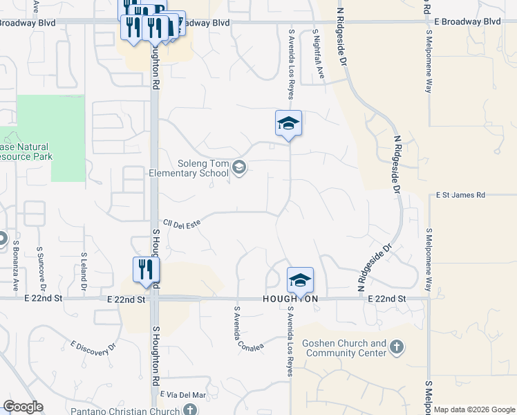 map of restaurants, bars, coffee shops, grocery stores, and more near 10605 East Calle Del Este in Tucson