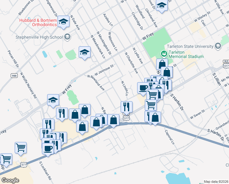 map of restaurants, bars, coffee shops, grocery stores, and more near 304 North Dale Avenue in Stephenville