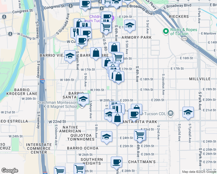 map of restaurants, bars, coffee shops, grocery stores, and more near 835 South 7th Avenue in Tucson