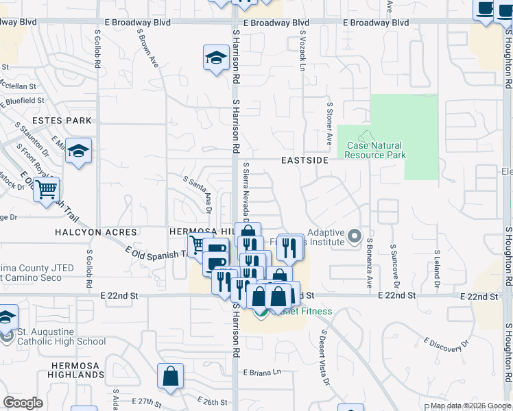 map of restaurants, bars, coffee shops, grocery stores, and more near 9566 East Grand Teton Road in Tucson