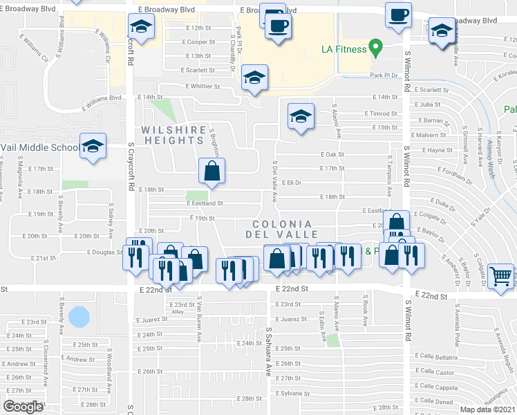 map of restaurants, bars, coffee shops, grocery stores, and more near 754 South Del Valle Avenue in Tucson