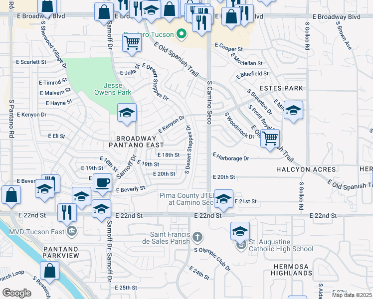 map of restaurants, bars, coffee shops, grocery stores, and more near 736 South Desert Steppes Drive in Tucson