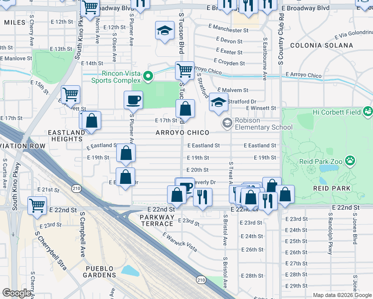 map of restaurants, bars, coffee shops, grocery stores, and more near 2539 East 19th Street in Tucson