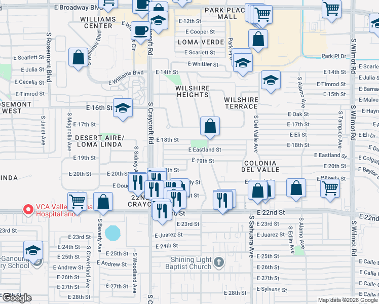 map of restaurants, bars, coffee shops, grocery stores, and more near 5653 East 19th Street in Tucson