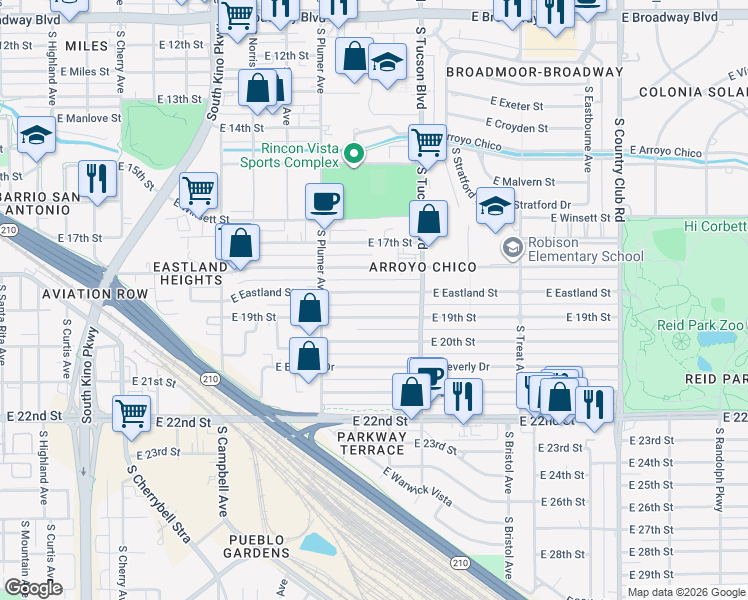 map of restaurants, bars, coffee shops, grocery stores, and more near 2331 East 19th Street in Tucson