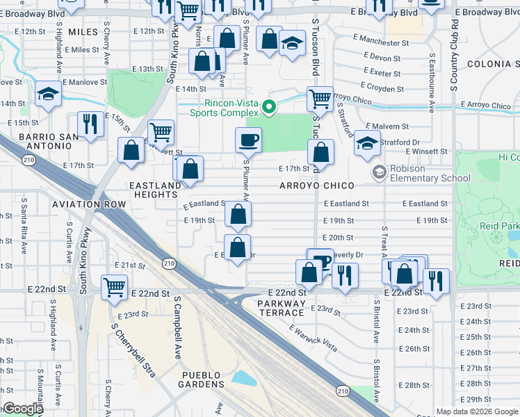 map of restaurants, bars, coffee shops, grocery stores, and more near 2231 East 19th Street in Tucson