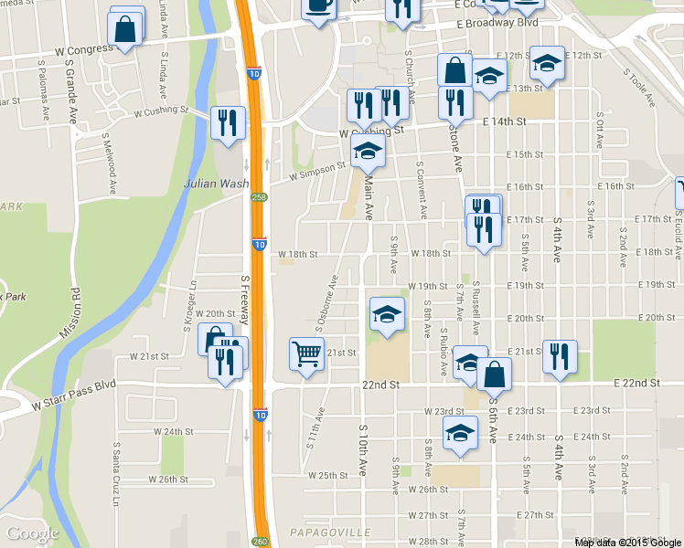 map of restaurants, bars, coffee shops, grocery stores, and more near 474 West 19th Street in Tucson