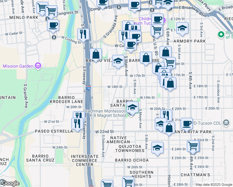 map of restaurants, bars, coffee shops, grocery stores, and more near 474 West 19th Street in Tucson