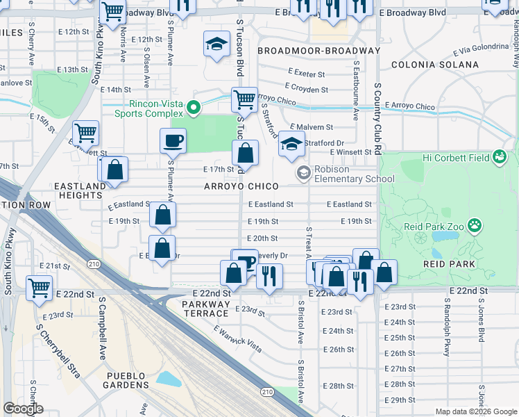 map of restaurants, bars, coffee shops, grocery stores, and more near 2539 East 19th Street in Tucson