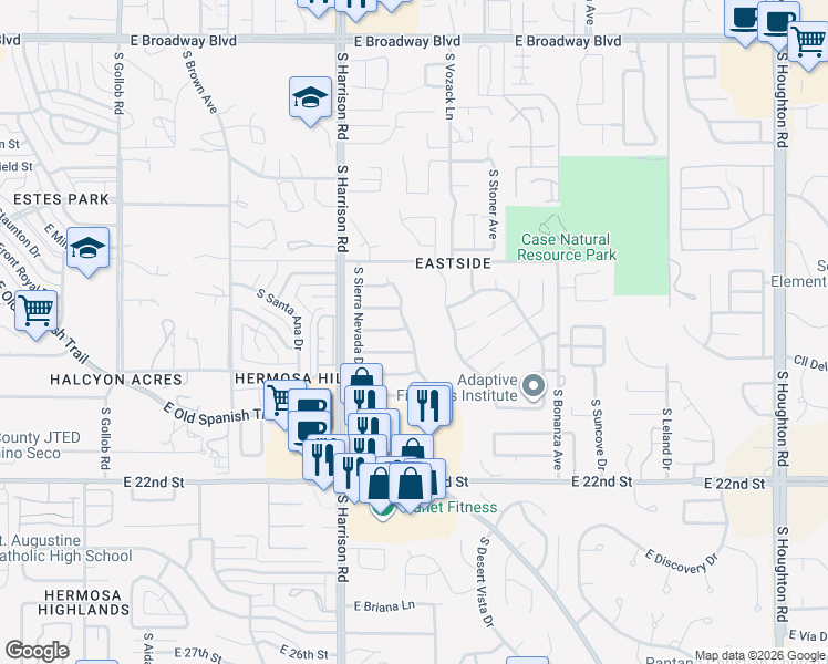 map of restaurants, bars, coffee shops, grocery stores, and more near 793 South Smokey Mountains Road in Tucson